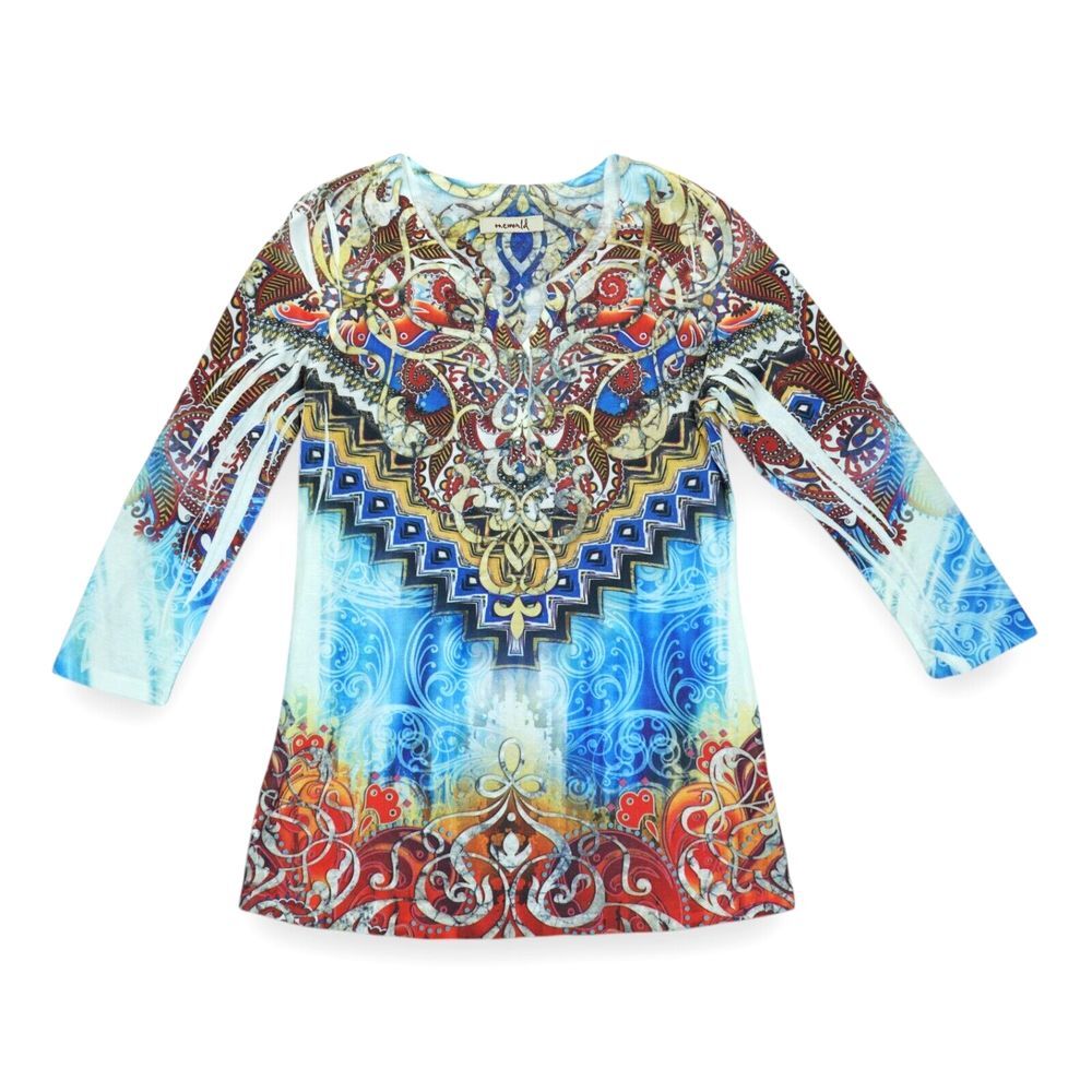 NWOT One World Women's Top Size Small Boho Embellished V-Neck Button Polyester